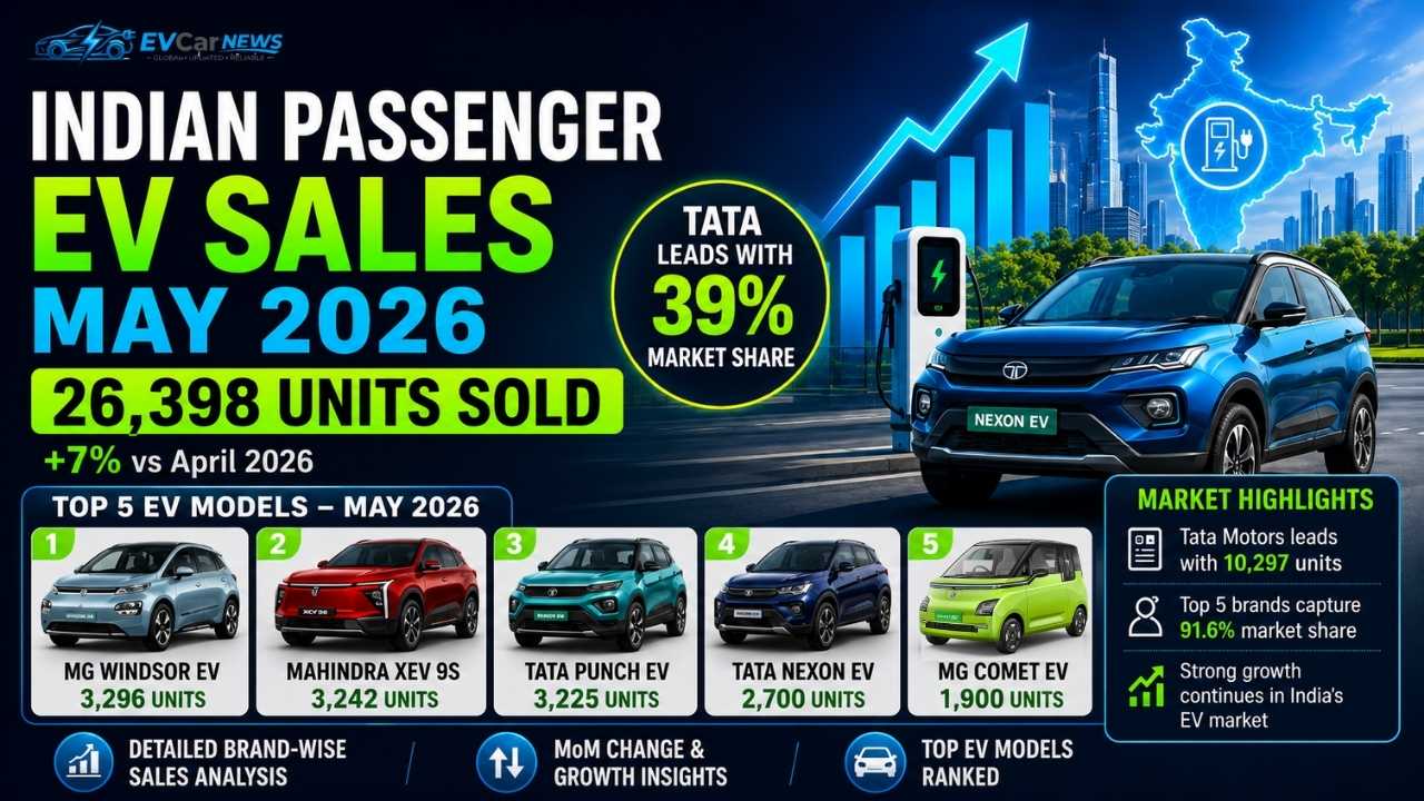 India Sold 26398 EVs in May 2026: Tata Leads Market, MG Windsor Wins Top Model Spot!