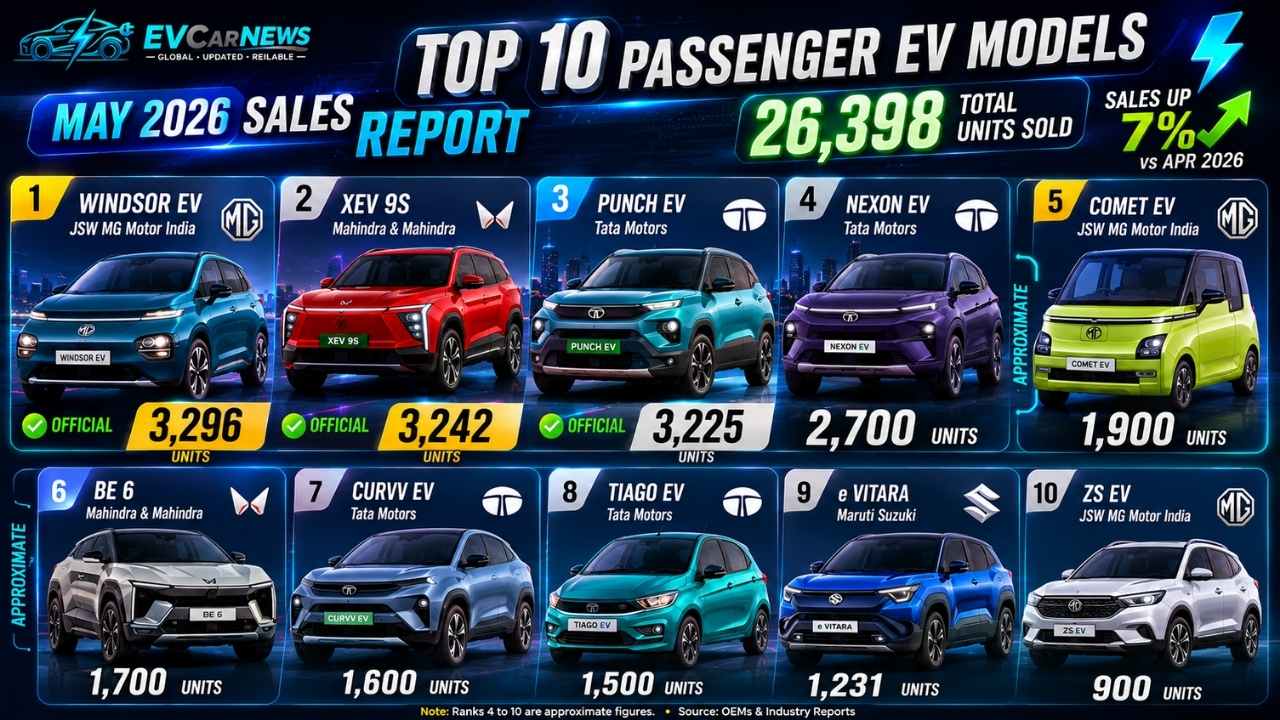 Top Selling Passenger EV Models in May 2026: Windsor, XEV 9S, Punch EV Separated by Just 71 Units