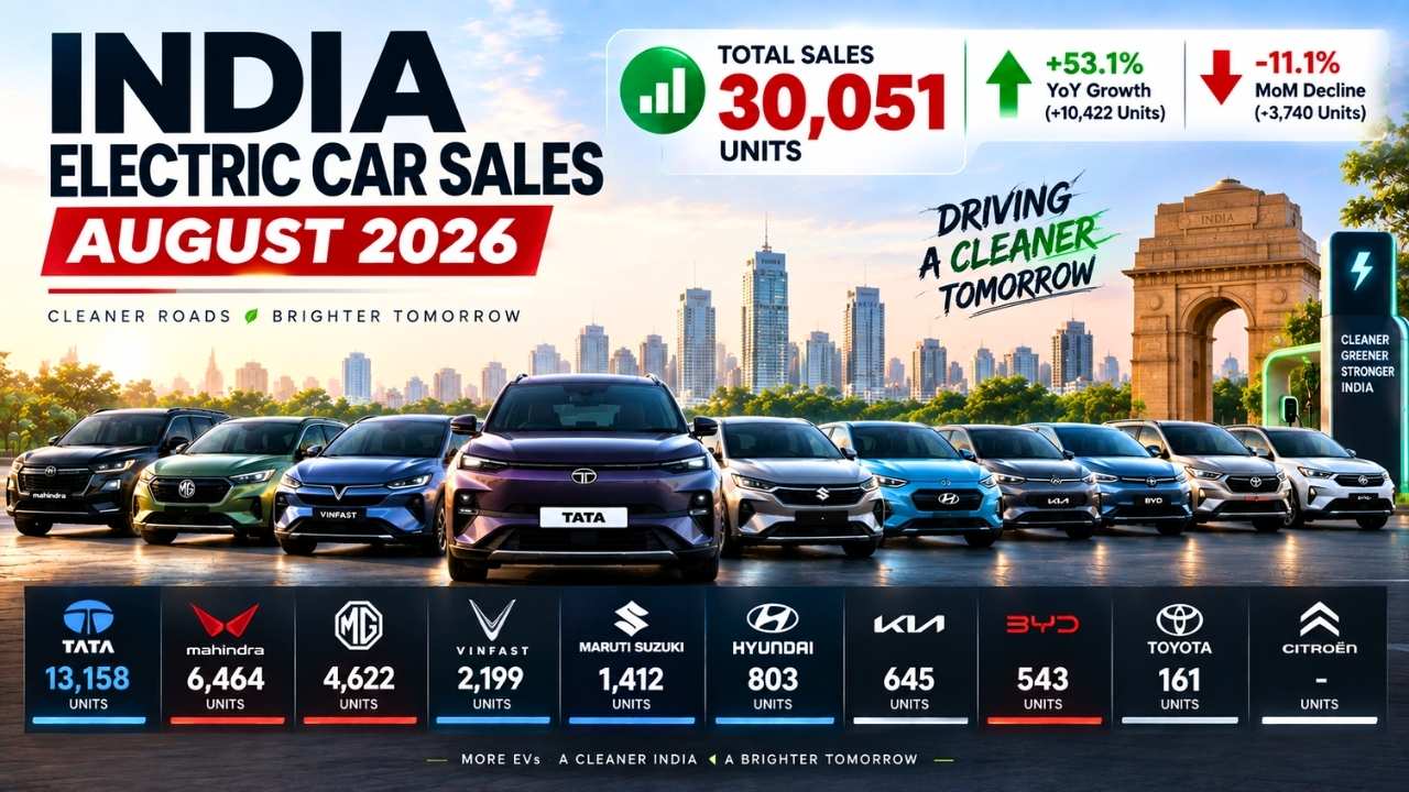India Electric Car Sales August 2026: Tata Leads as Top 10 EV Brands Register 30,051 Units